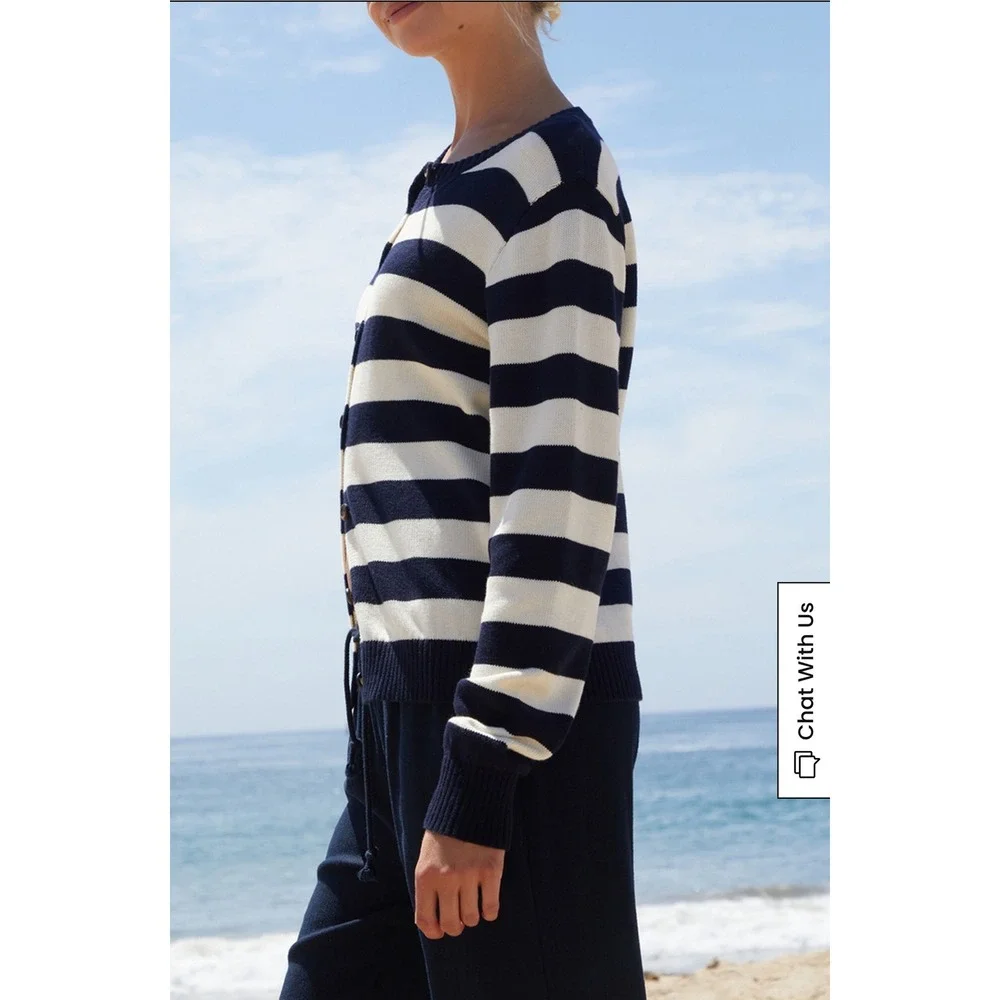 John Galt Stripe Amalie Button Front Cardigan Cotton Nautical Navy Blue Cream OS